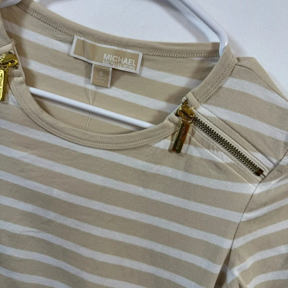 Michael Kors Womens Striped Zipper Shoulder T-Shirt Tan White Small NEW